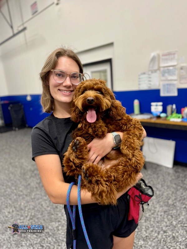 trainer holding a dog